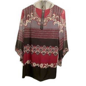 Alfani Tunic Women Medium Paisley Stretch Knit Red Plum Flared Sleeve like New